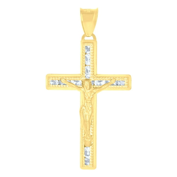 14k Yellow Gold Mens Cubic-Zirconia Crucifix Cross Religious Charm Pendant