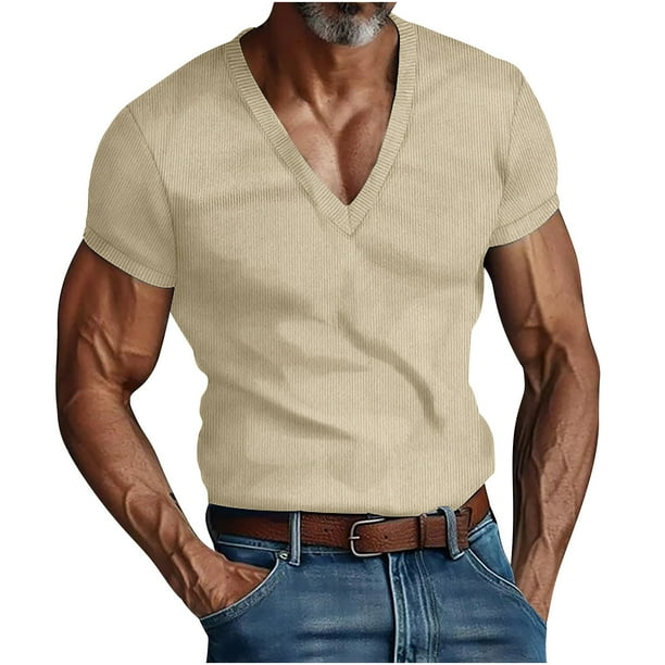 Camisas de Manga Corta de los Hombres con Cuello en V Top de Color Sólido, Blusa Casual para el Aire Libre, el Ocio Y el Uso Diario de Verano