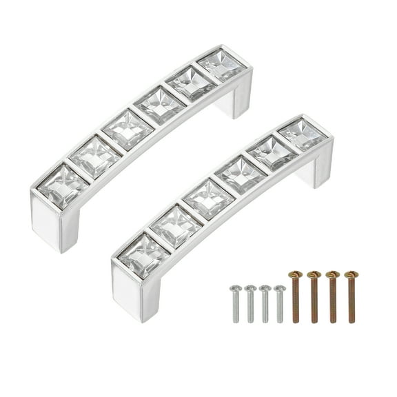 Uxcell U Shape Crystal Glass Drawer Cabinet Pulls, Alloy Drawer Handle Pulls for Kitchen Cupboard Dresser Drawer Decor, Silver (2.5 Inch Hole Centers, 2 Pack)