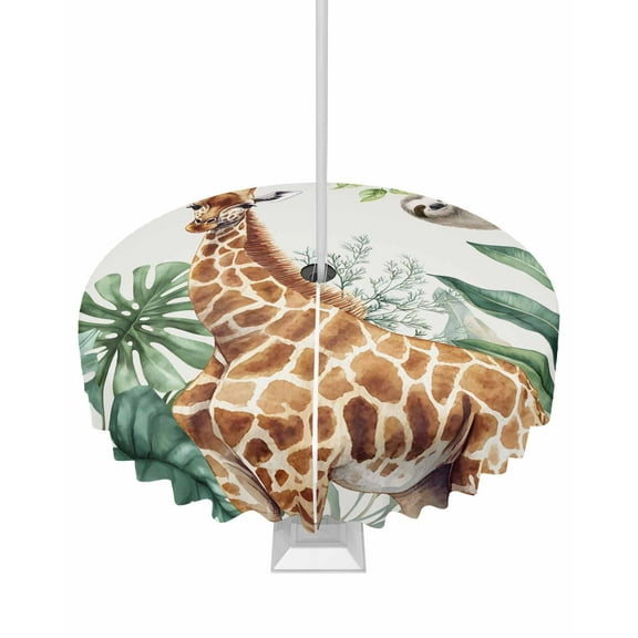 Fsddascl Tropical Giraffe Sloth Outdoor Tablecloth - 60 Inch Round Dining Table Cover, Watercolor Summer Palm Leaf Waterproof Outdoor Table Cloth with Umbrella Hole & Zipper for Picnic/Patio/Party