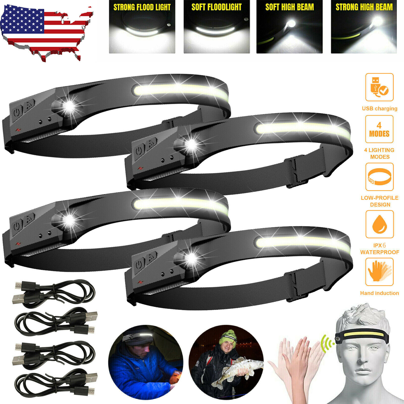 Dazone COB LED Headlamp Headlight, USB Rechargeable Torch Flashlight Work  Light Bar Head Band Lamp, Motion Sensor 230 Wide Beam Headlight Waterproof  Outdoor Camping (4 Pack)