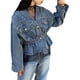 thumbnail image 2 of Chaqueta Vaquera de Motociclista con Cuello en V y Botones para Mujer, con Cuentas y Cintura Ceñida, Ropa de Calle de Otoño A . Azul S, 2 of 10