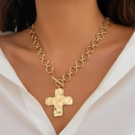 Gold Chunky Cross Necklace for Women Statement Cross Pendant Necklace Layered Hammered Bold Cross Necklace Vintage Toggle Clasp Necklace Jewelry