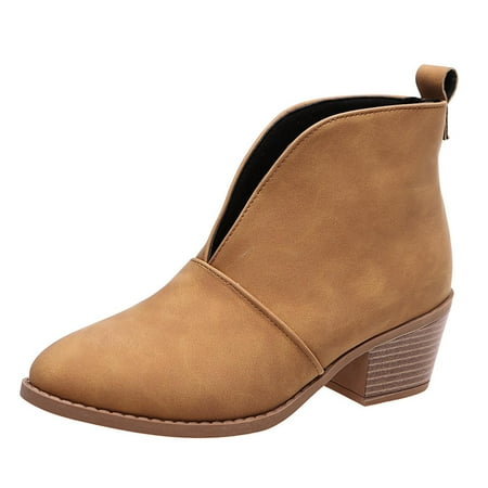 

Tepsmf Womens Winter Boots Vintage Women Slip On Boots Pointed Toe Round Head Thick Heel Short Shoes