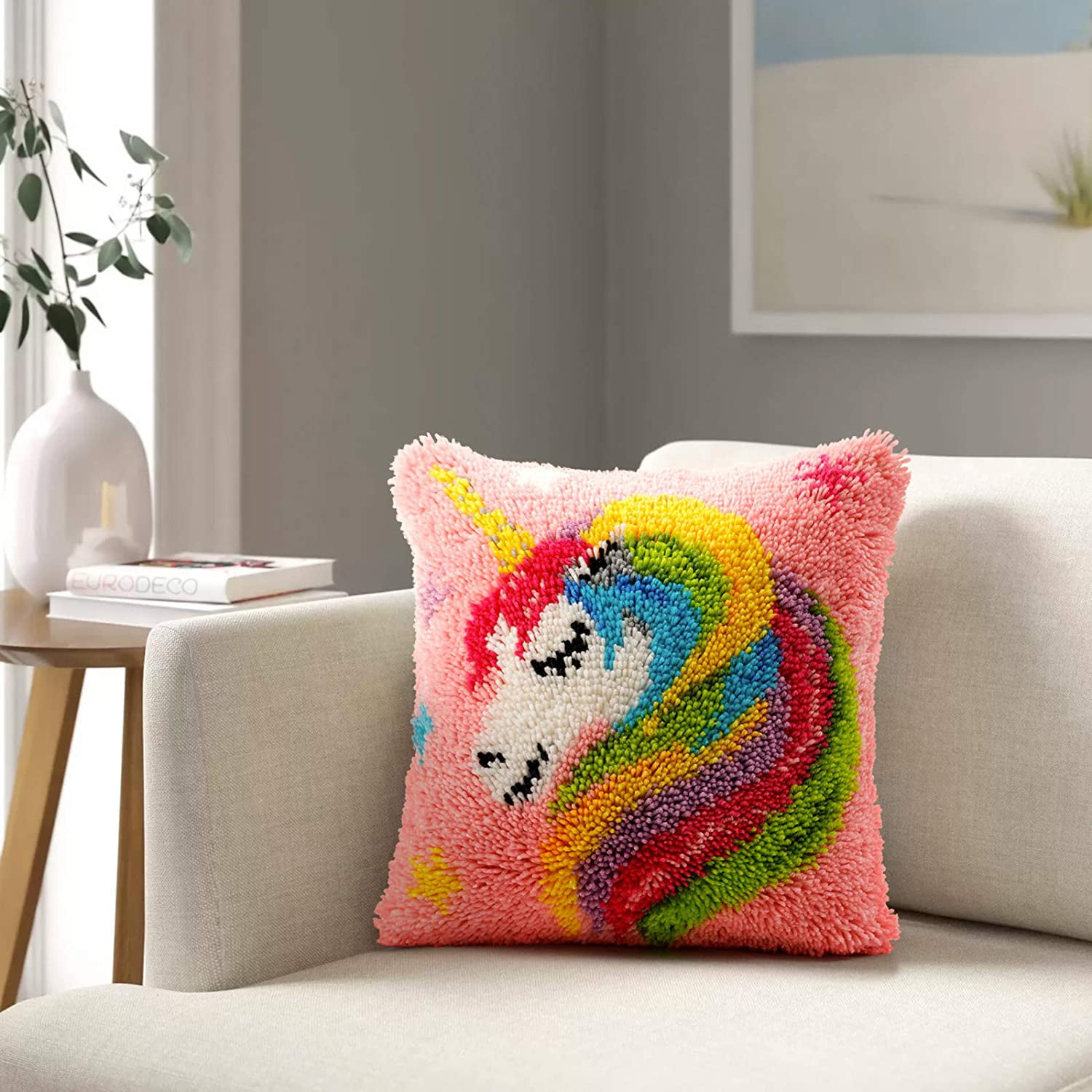 Latch Hook Kits DIY Embroidery Throw Pillow Case Needlework Cross Stitch Kits Rug Yarn Kits Dream Unicorn 