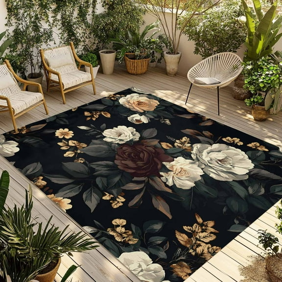 Fsddascl Vintage Black Floral Outdoor Rug for Patio/Deck/Porch, Non-Slip Large Area Rug 4 x 6 Ft, Spring Seasonal Botanical Blooms Indoor Outdoor Rugs Washable Area Rugs, Camping Rug Carpet