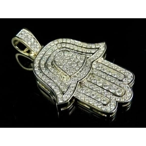 2Ct Lab Created Diamond Round Hamsa Hands Pendant 14K Yellow Gold Silver Plated