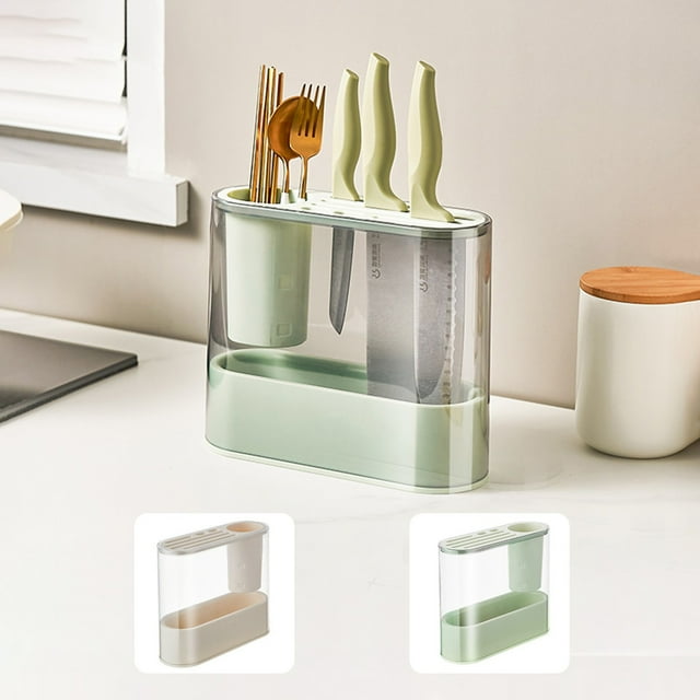 Clear Plastic Knife Block Organizer Stand for Kitchen Countertop - Rustproof Cutlery Storage Rack for Home, Restaurant, or RV