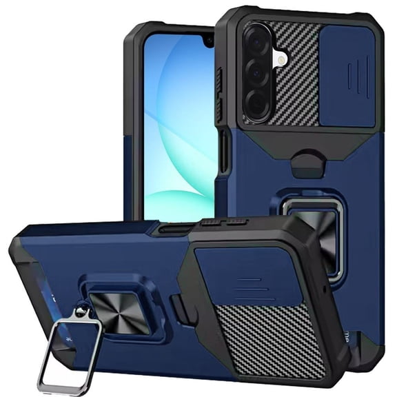 For Samsung Galaxy A17 S176V Multi-Functional Ring Kickstand Phone Case Tempered Glass - Blue