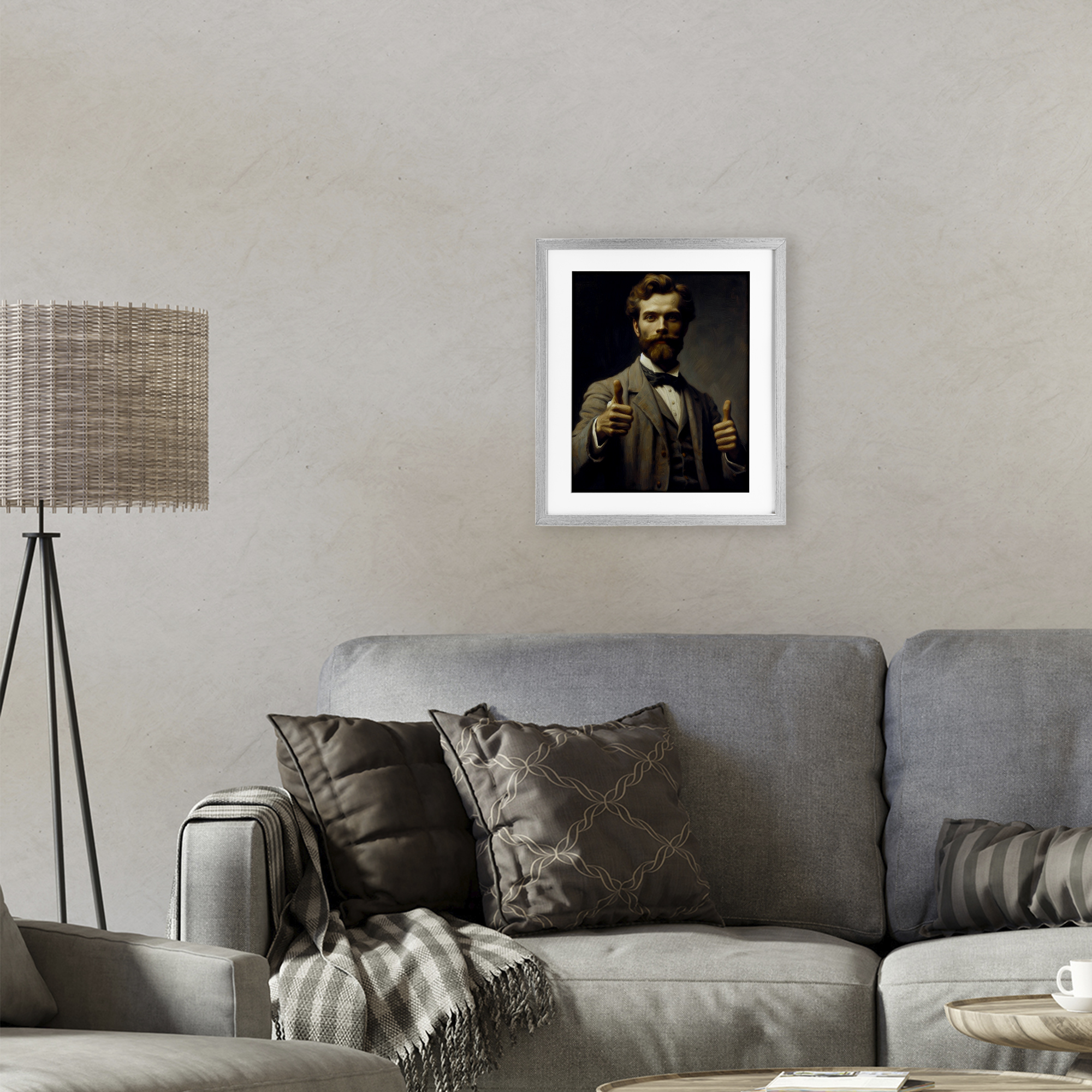 Funny Thumbs Up Gentleman Gray Framed Print Under Glass, design by Lettered and Lined