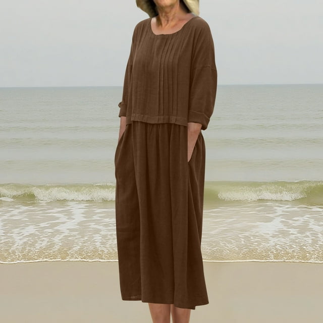 Robes d'Été pour Femmes 2025 Mode Zeophrasy Robe Longue Décontractée à Manches Longues et Col Rond Plissé Couleur Unie en Liquidation à Moins de 5
