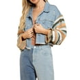 thumbnail image 3 of Seyurigaoka Women Denim Coat Button-Down Crop Tops Spring Autumn Contrast Color Striped Pattern Jackets Long Sleeve Turn-Down Collar Pockets Outwear, 3 of 8