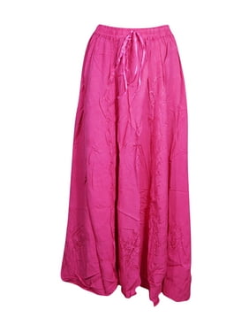 Mogul Women Pink Long Skirt Embroidered Flowy Spring Flared Maxi Skirt S/M