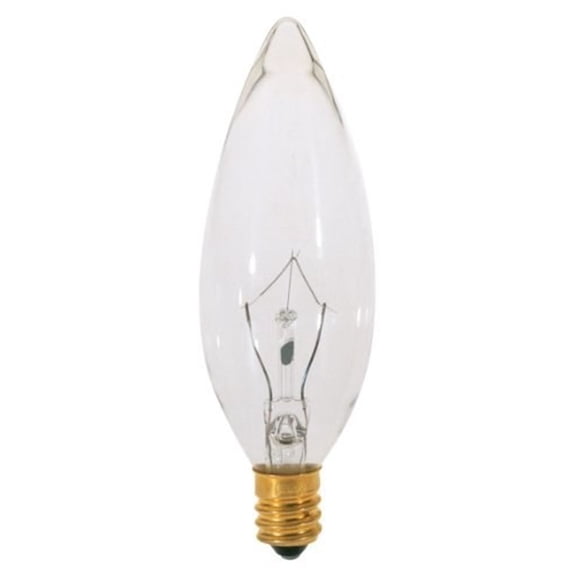 Satco A3620 - 15 watt BA9 1/2 Incandescent; Clear; 2500 average rated hours; 114 lumens; Candelabra base; 130 volts