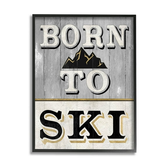 Stupell Industries Born To Ski Mountain Sign Graphic Art Black Framed Art Print Wall Art, Design by Livi Finn