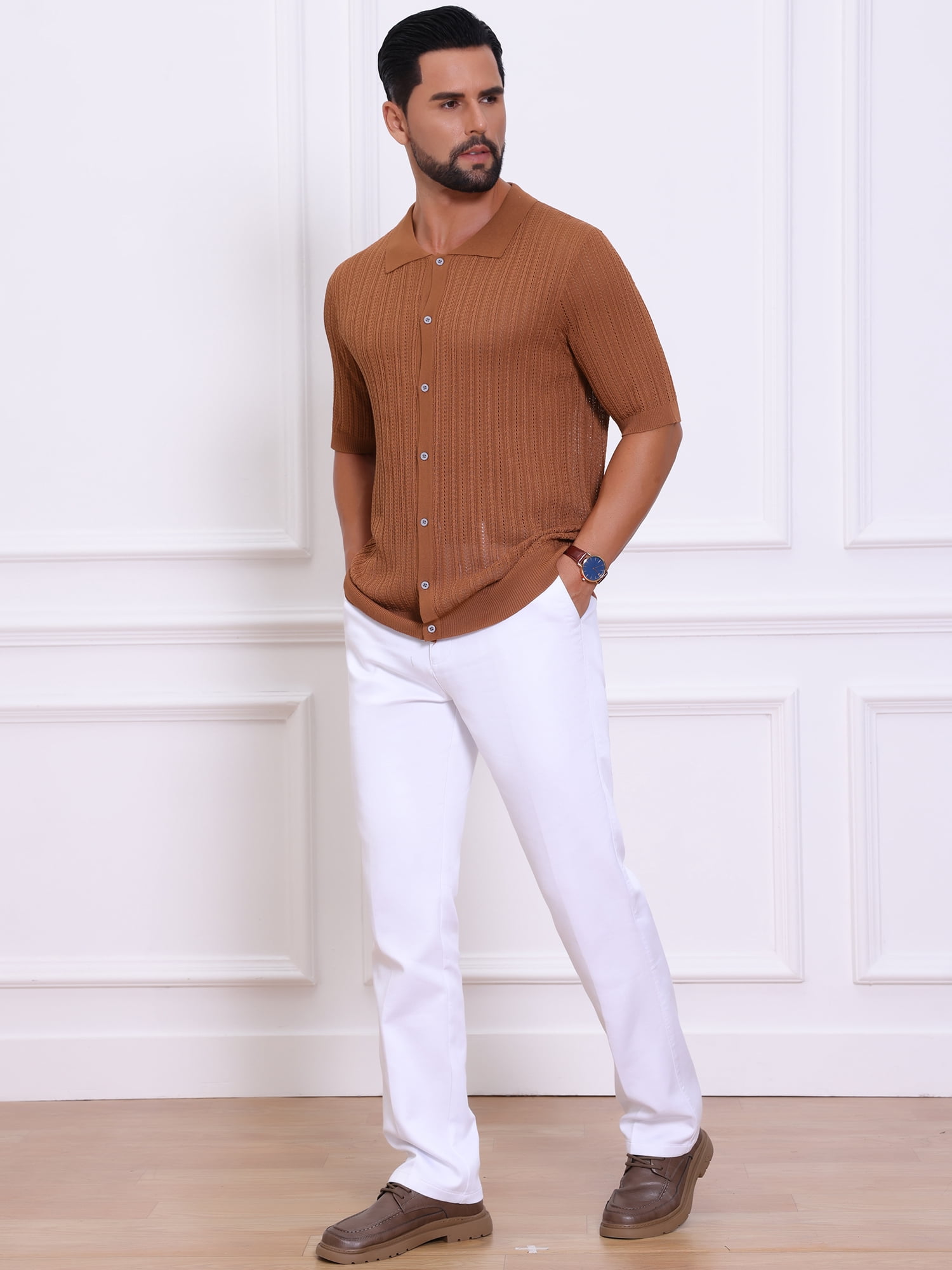 DARING DIVA Men's Striped Summer Short Sleeve Knitted See Through Shirts 2XL Brown