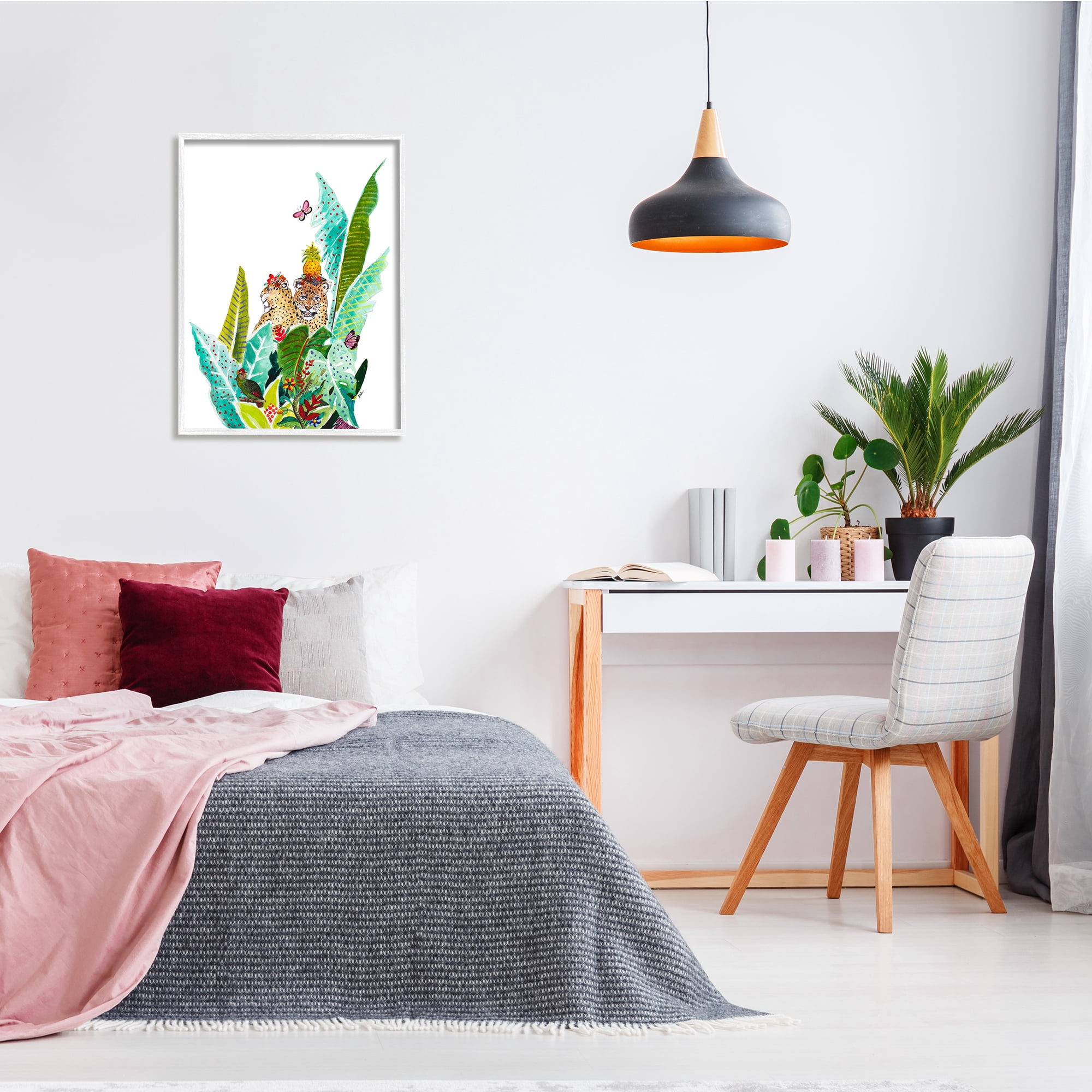 Tropical Jungle Cats Behind Abstract Pattern Palms Butterfly 24 in x 30 in Framed Painting Art Print, by Stupell Home Décor