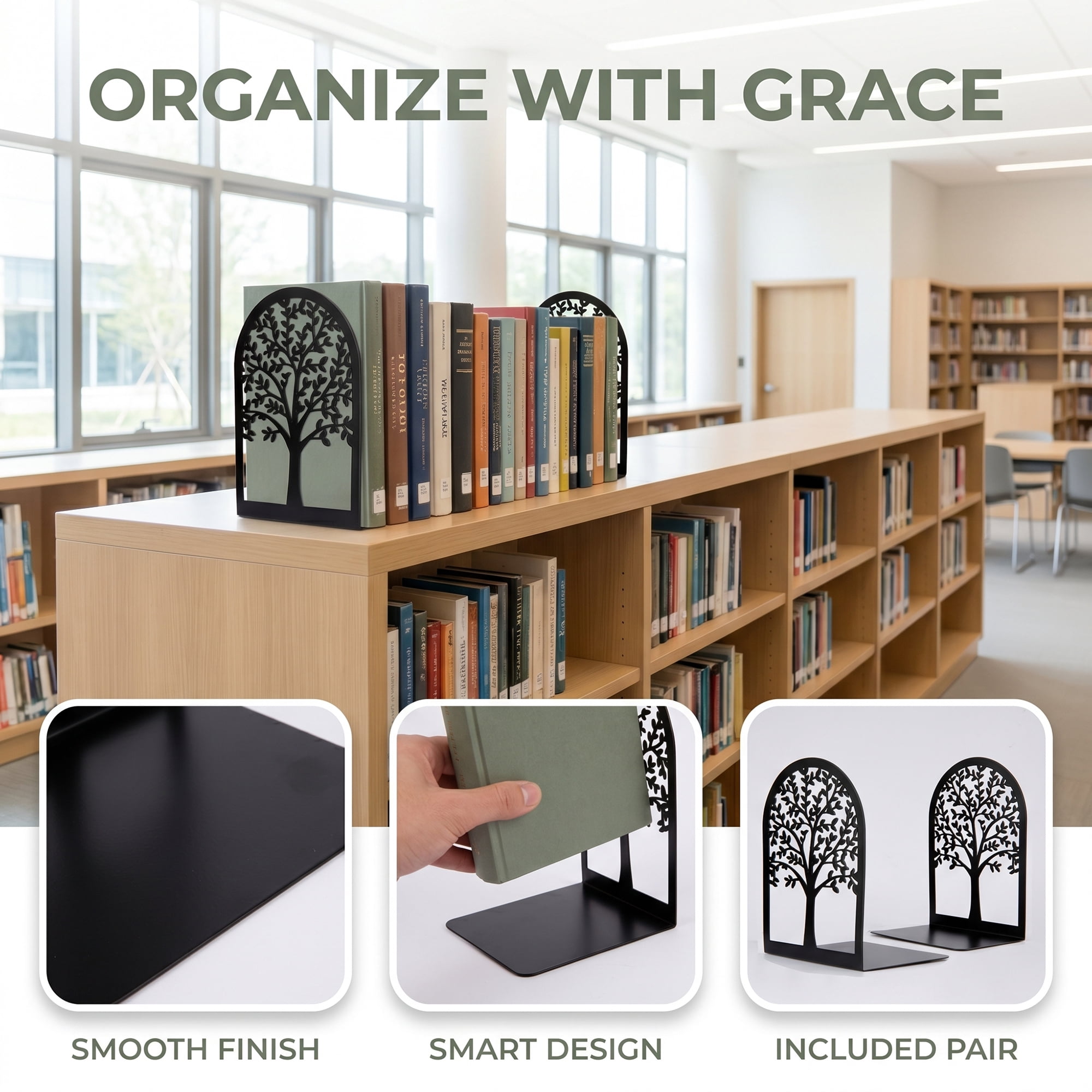 Unique Bargains Metal Tree Design Book Ends for Shelves Black Tree StyleD 4.7"x3.5"x7.1"
