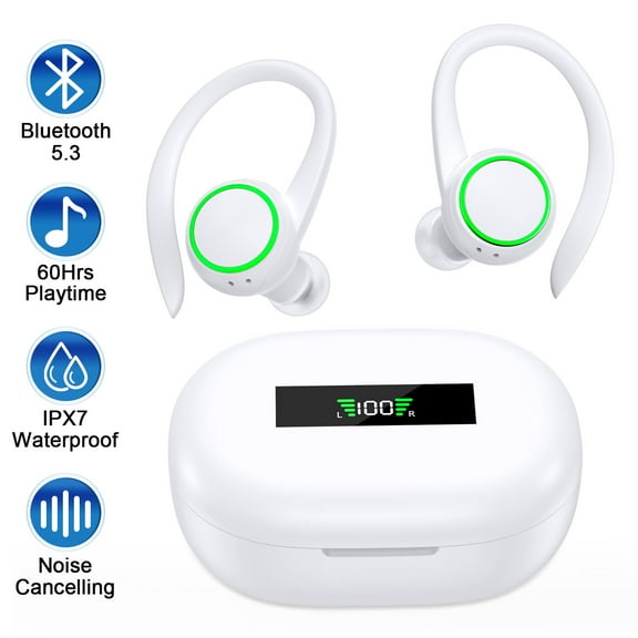 Wireless Earbuds,Bluetooth 5.3 Headphones for iPhone Android 60Hrs Playtime Waterproof IPX7 In-Ear Stereo Earphones Headset Noise Cancelling True Wireless Earbuds with Ear Hooks&Charging Case,White