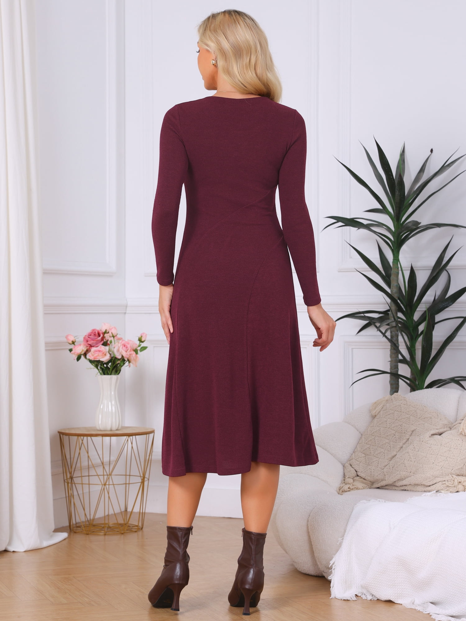 DARING DIVA Women's Knit Long Sleeve U Neck A Line Midi Dress XL Wine Red