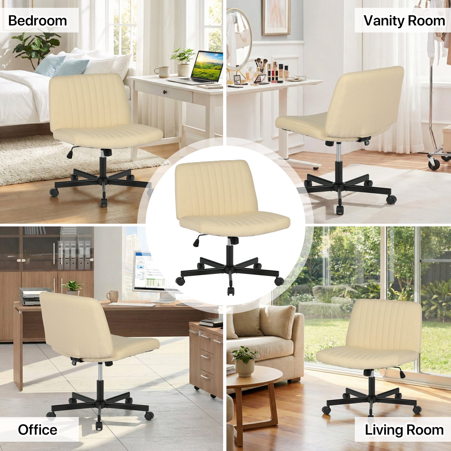NiamVelo Vanity Chair with Wheels Criss Cross Chair Wide Desk Chair Armless Office Chair Adjustable Swivel Chair for Home Office, 250LBS Weight （Beige）