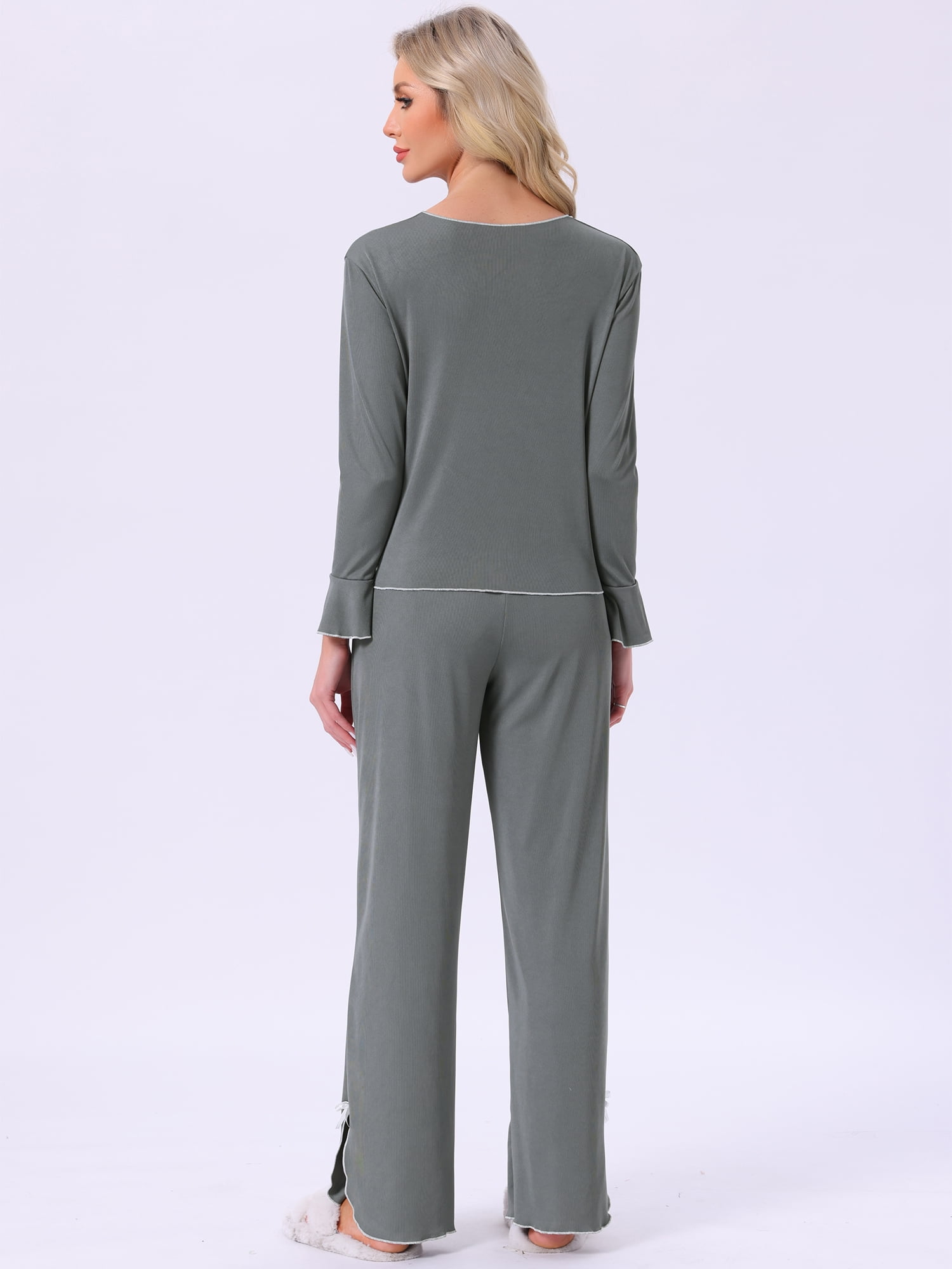 DARING DIVA Long Sleeve Side Bow Button Down Ruffle Hem Pajama Set L Gray