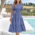 thumbnail image 2 of IROINNID Savings Wedding Guest Dresses for Women Evening Night Formal Fall Dress Sexy Summer Short Sleeve Round Neck Solid Color Pleated Dress Trendy A-Line Dress,Blue, 2 of 6