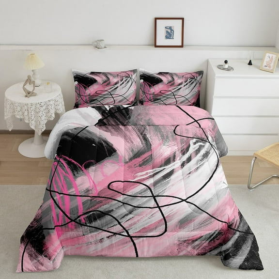 jejeloiu Aesthetic Geometric Art Bedding Comforter Set,Geometric Lines Twin Comforter Sets,Pink Black Gray Bedding Set,Lightweight Room Decor Reversible,2-Piece