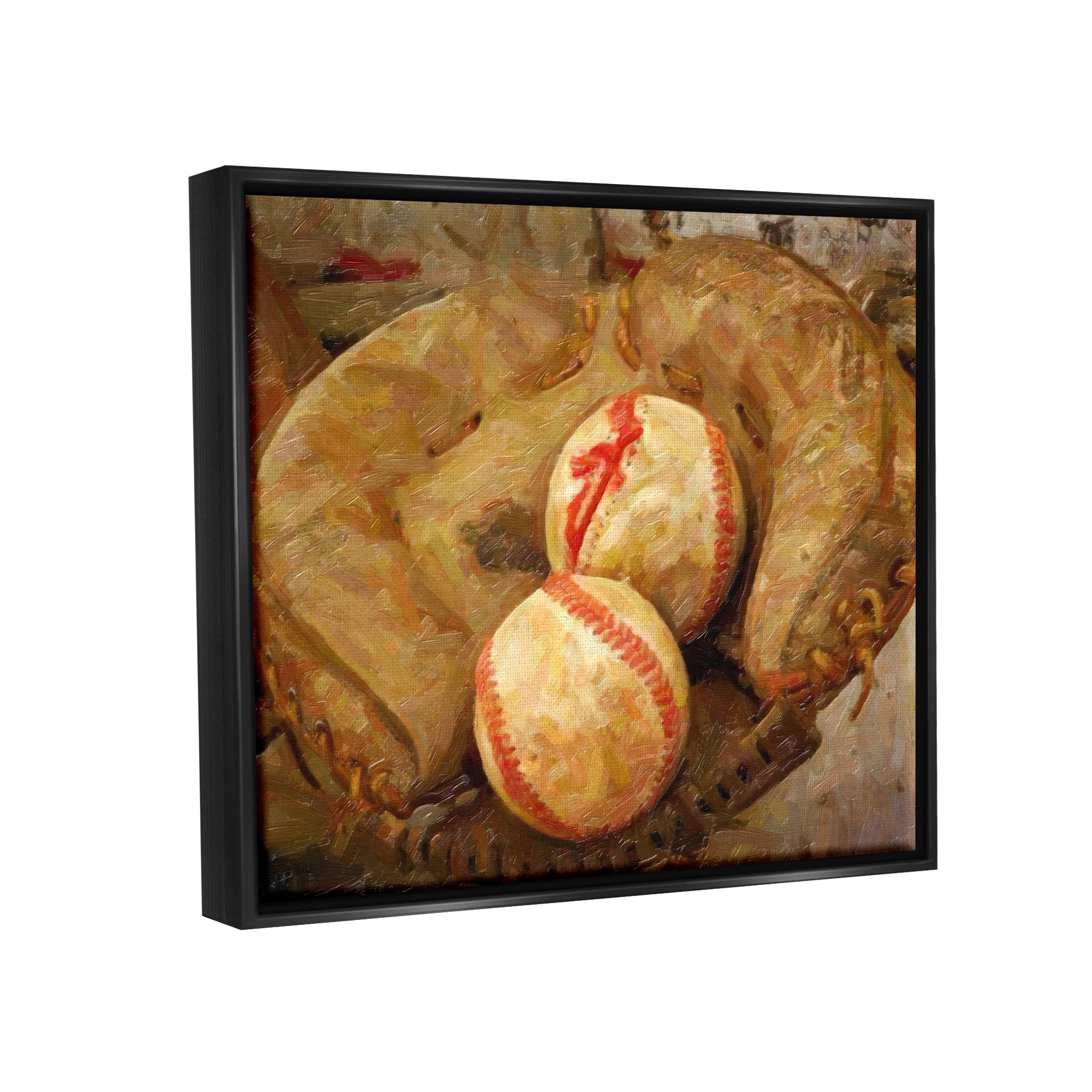 Stupell Industries Detailed Baseball Glove Mitt Holding Sports Balls Painting Luster Gray Floating Framed Canvas Print Wall Art, Design by Graffitee Studios