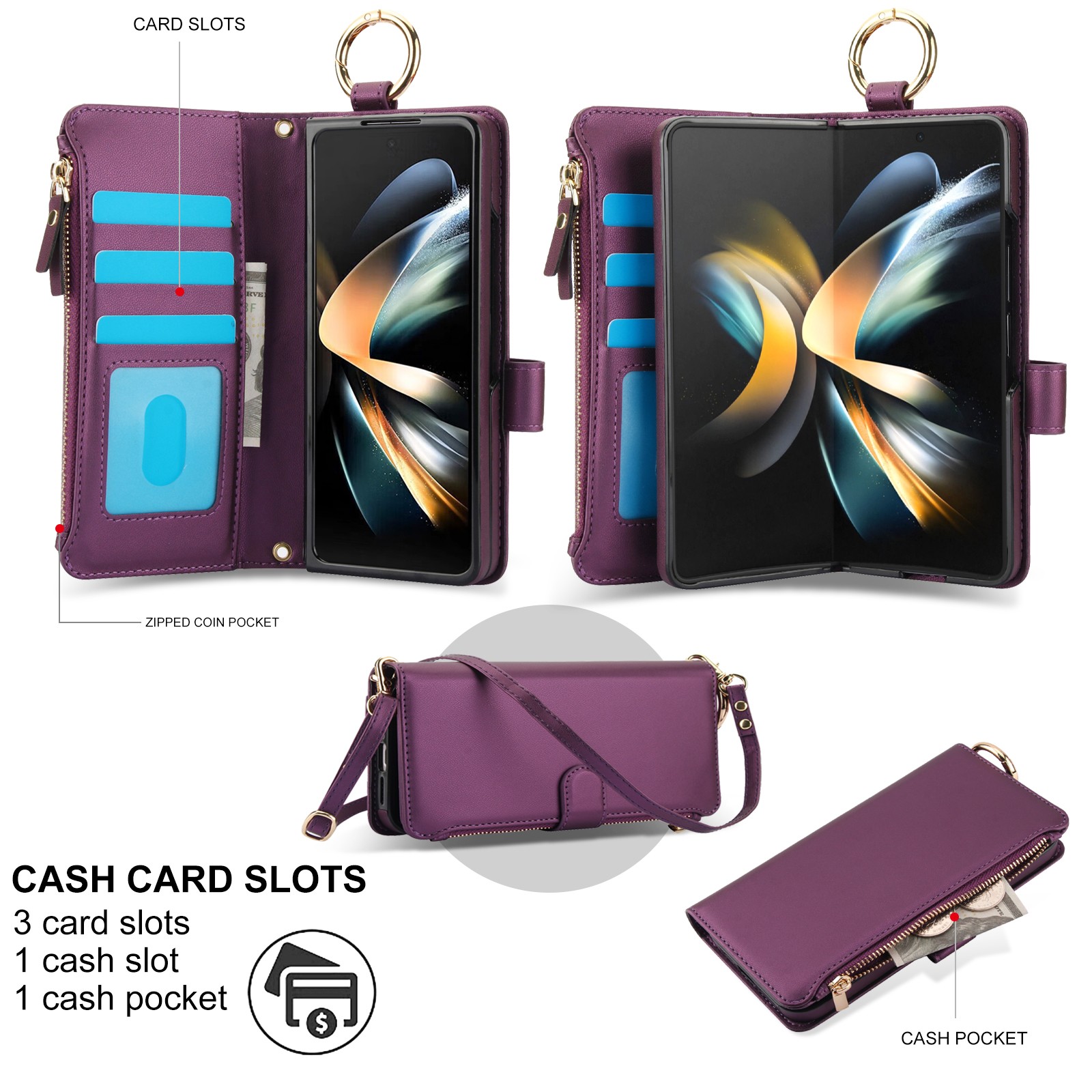 ELEHOLD For Samsung Galaxy Z Fold 4 Phone Case Leather Crossbody Zipper Card Wallet Flip Case Kickstand Cover, with Ring Holder,Full Body Protection-Deeppurple