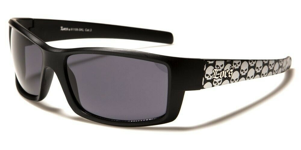 Locs Slim Black Rectangular Silver Skull Wrap Sunglasses