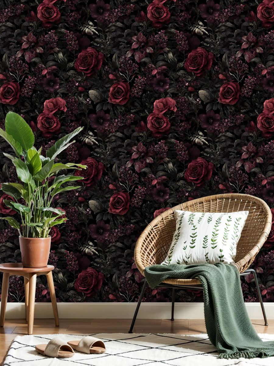 Peel and Stick Wallpaper Deep Burgundy Roses Dark Floral Black Wall Mural 23.6in x 9.8ft Self Adhesive Removable Wall Paper Renter Friendly Wallpaper for Nursery Bedroom Cabinets