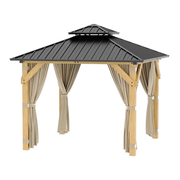 Garvee 10x10 ft Hardtop Gazebo with Nettings and Curtains, Wood Grain Heavy Duty Double Roof Galvanized Steel Outdoor Combined of Vertical Stripes Roof for Patio, Backyard, Deck, Lawns, Khaki