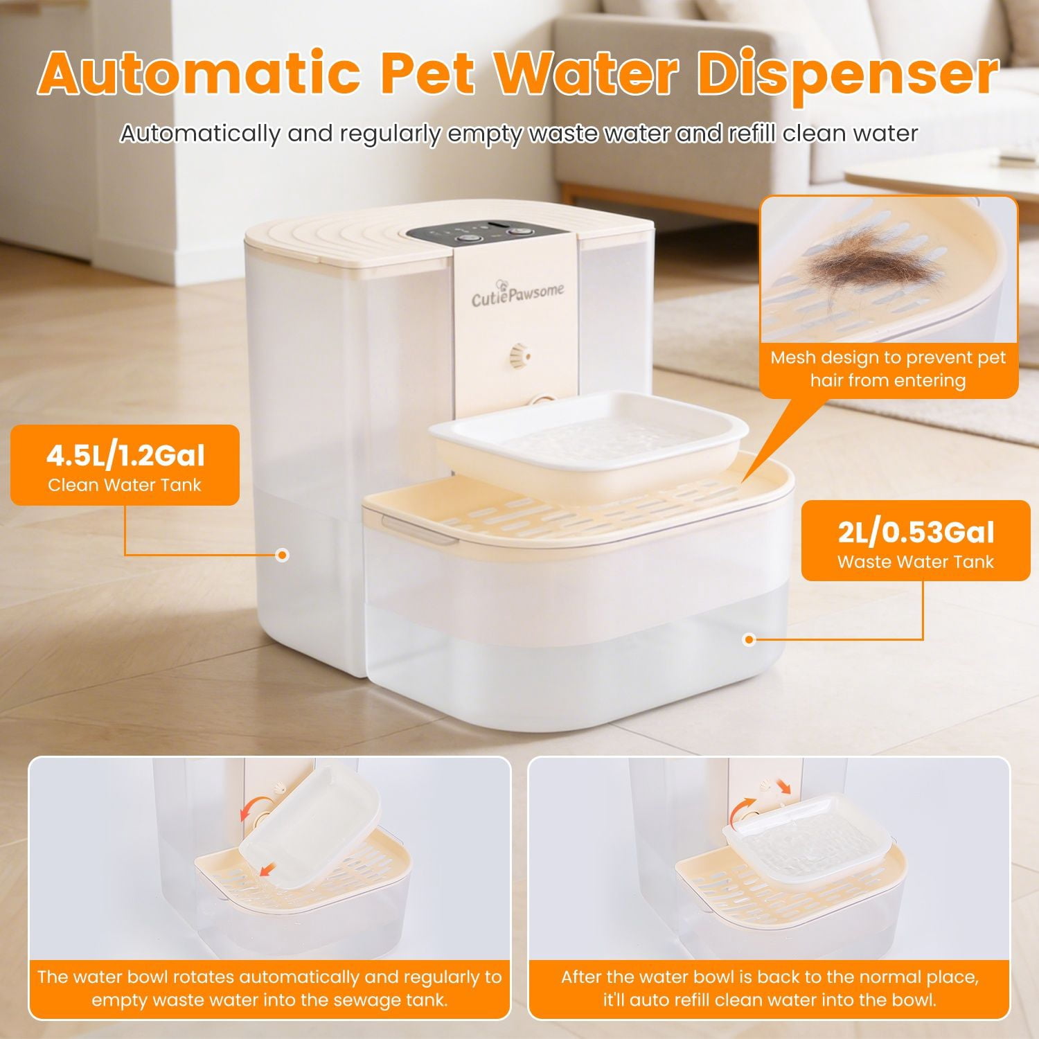4.5L Cordless Smart Pet Water Fountain Automatic Cat Dog Water Dispenser Rechargeable Dual-Tank with Remote Control 3 Volume & 3 Timer Settings  RLB