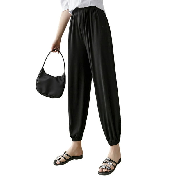 Women's Cotton Linen Tapered Cropped Pants Elastic Waist Trousers
