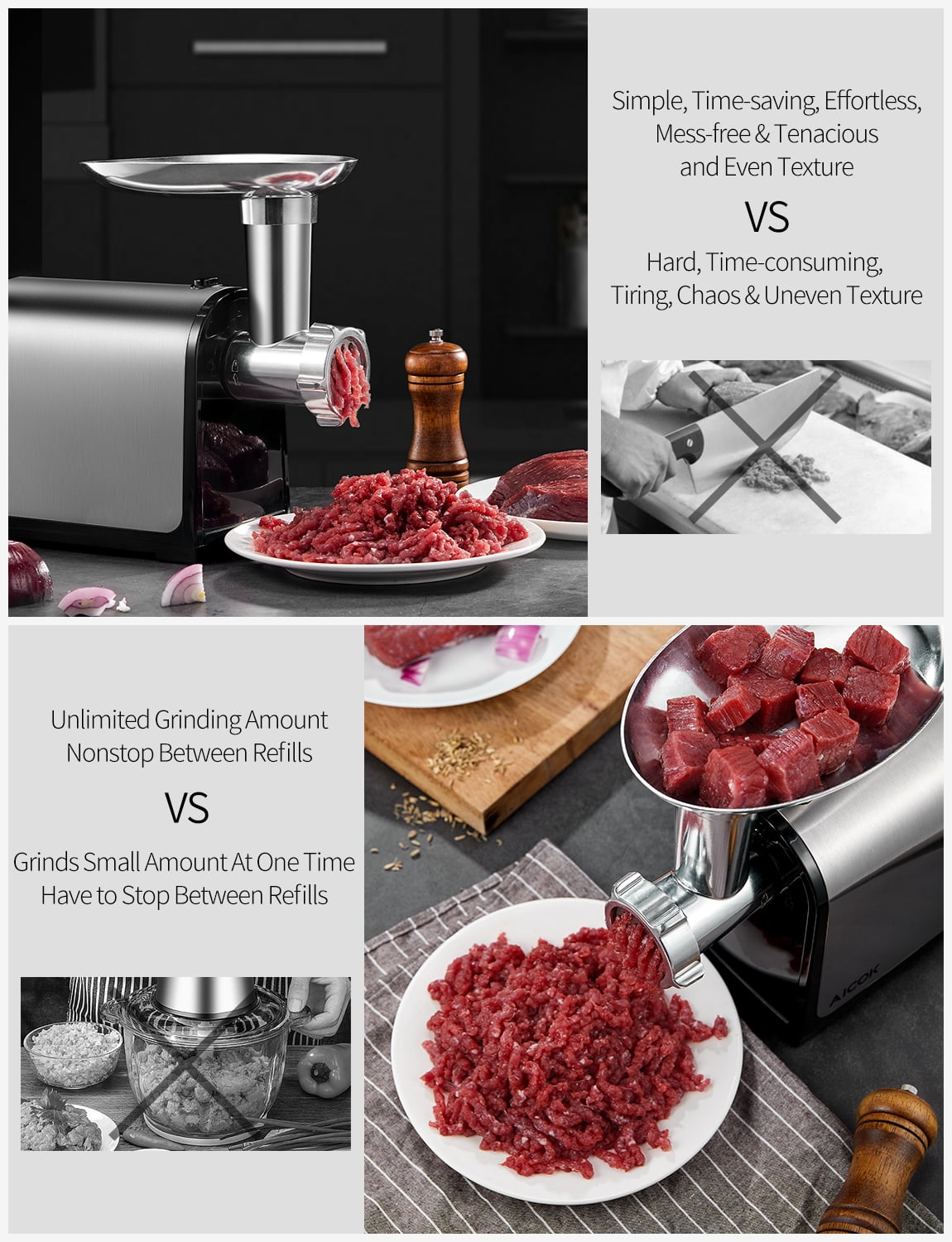 Electric Meat Grinder, Aiheal Sausage Stuffer with 2 Blades, 3 Plates, 3  Sausage Tubes, Meat Grinder Heavy Duty for Home Kitchen Use, Stainless Steel