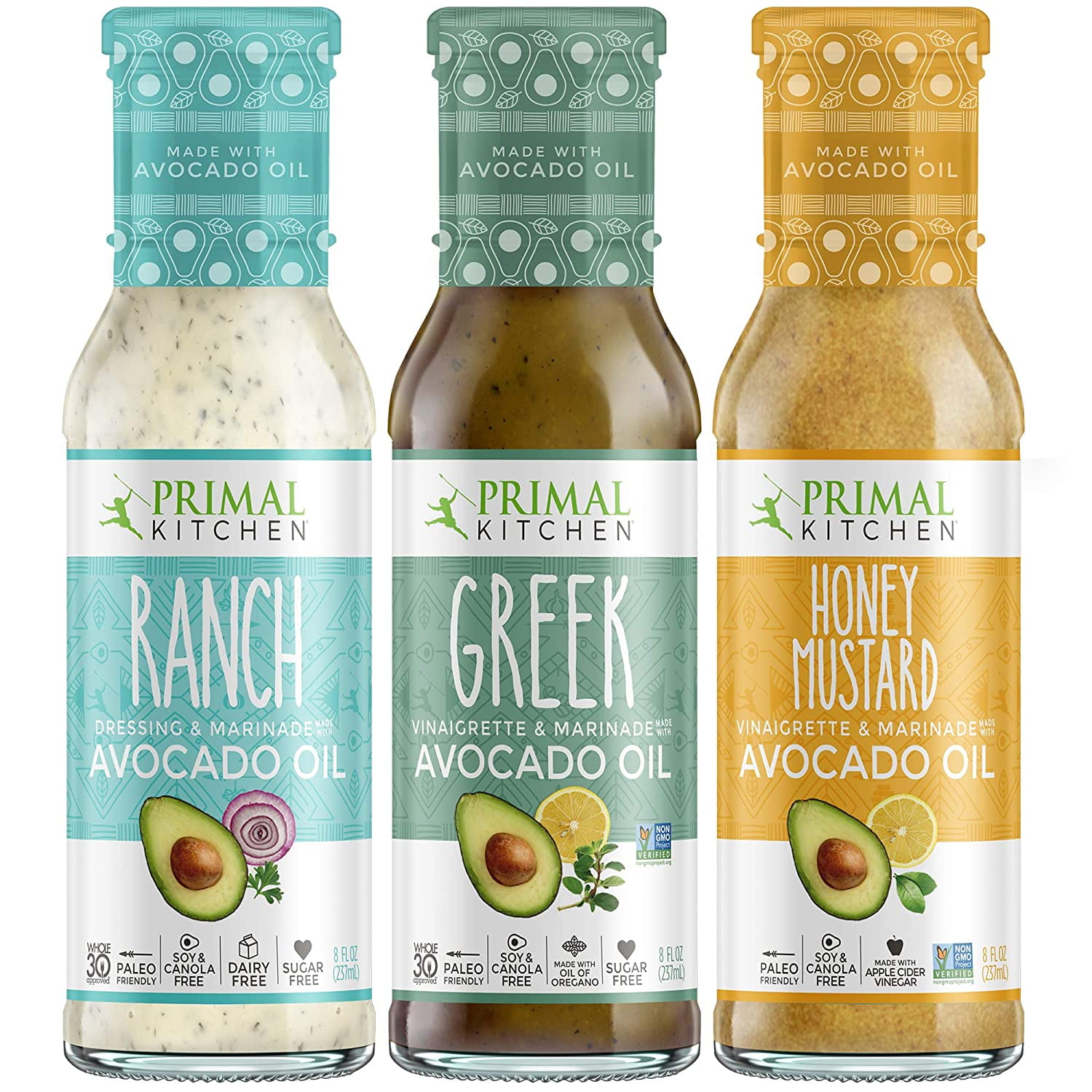 Primal Kitchen Avocado Oil 3 Pack Vinaigrette Dressing & Marinade (Ranch, Greek, Honey Mustard, 3 Count)