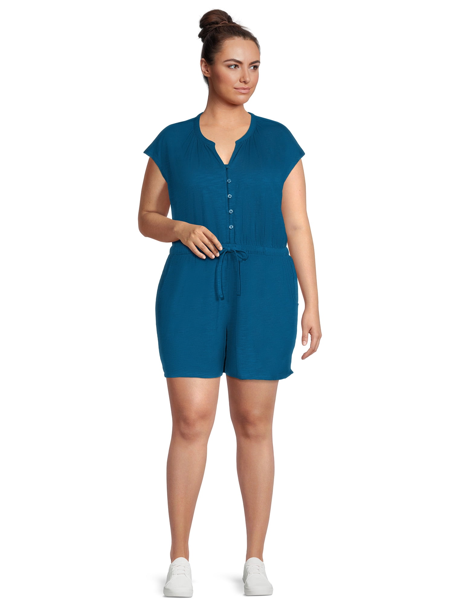 Terra & Sky Women's Plus Size Button-Front Knit Romper, 5" Inseam