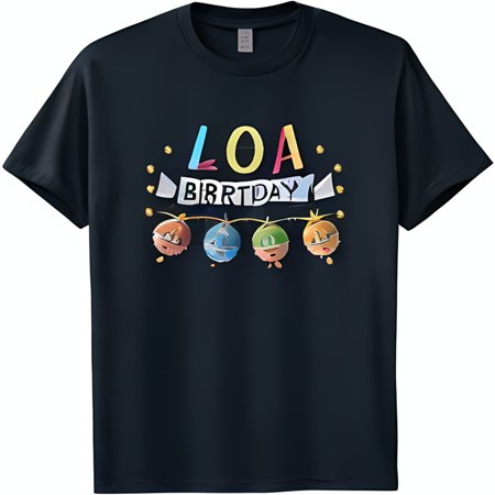 

Colorful LOA BIRTHDAY Graphic Tee with Cartoon Lights Fun Black T-Shirt