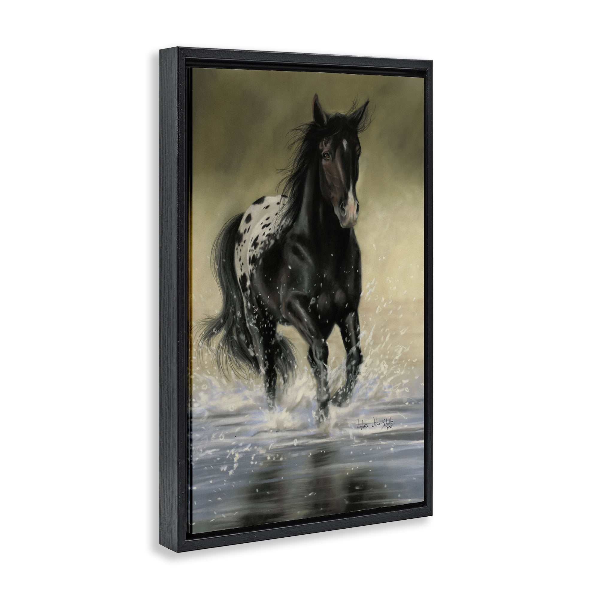Stupell Industries Splashing Galloping Horse Animals & Insects Painting Black Floater Framed Canvas Art Print Wall Art, 17 x 25