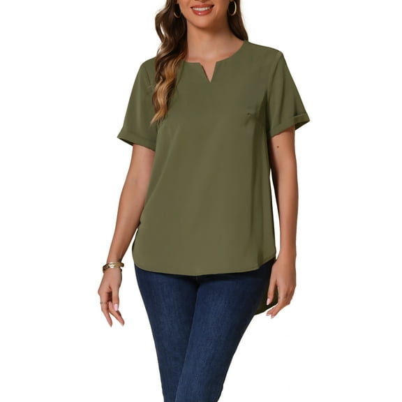 INSPIRE CHIC Women's Summer Casual V Neck Short Sleeve Curved Hem Tunic Tops XS Army Green