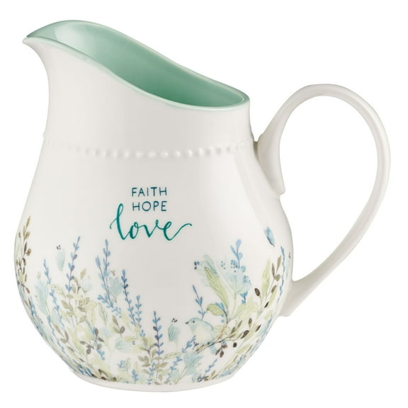 With Love Inspirational Faith Hope Love Ceramic Pitcher, Food Safe Beverage Server or Decorative Vase - Teal Floral, Microwave Safe - 32oz. Ceramic