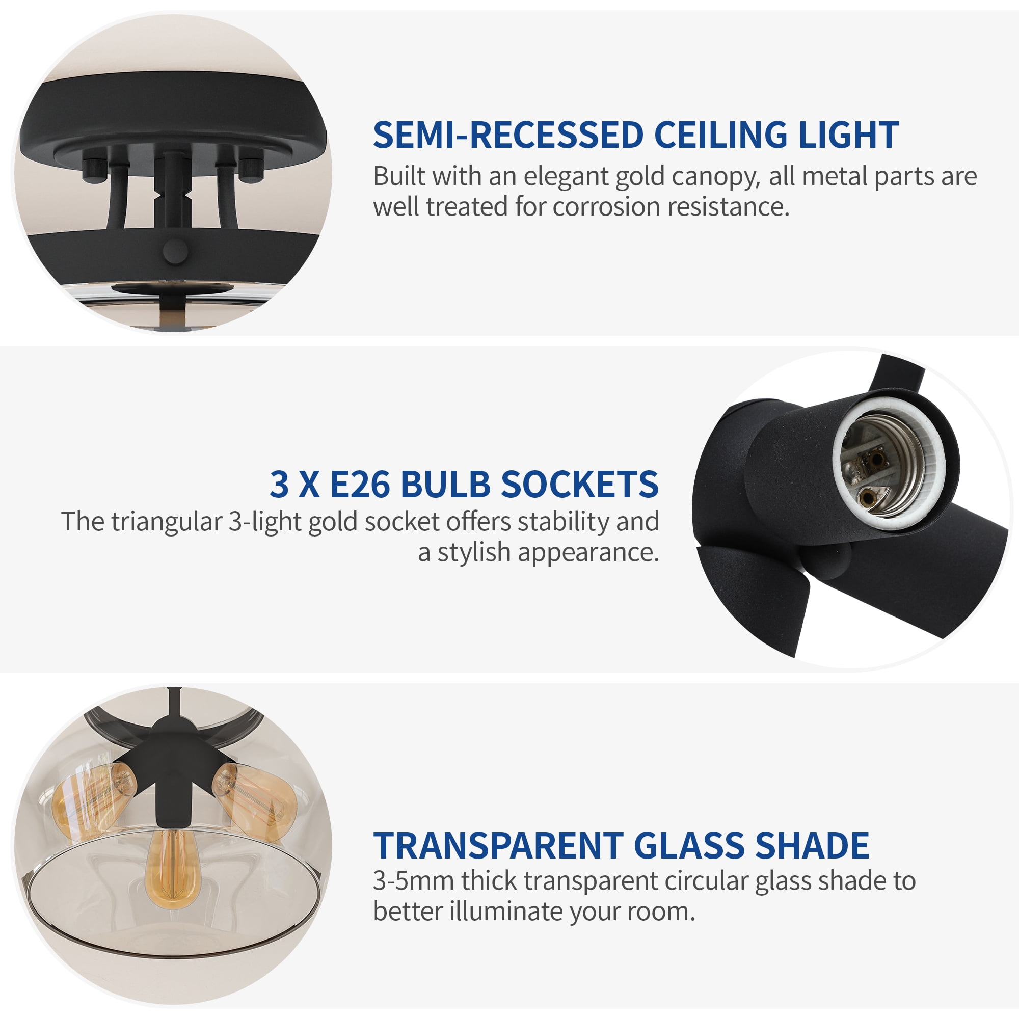 Uforic Semi Flush Mount Ceiling Light, Farmhouse Ceiling light with Clear Glass Shade, Modern Ceiling Light for Closet Dining Room Kitchen Hallway, Mattie Black