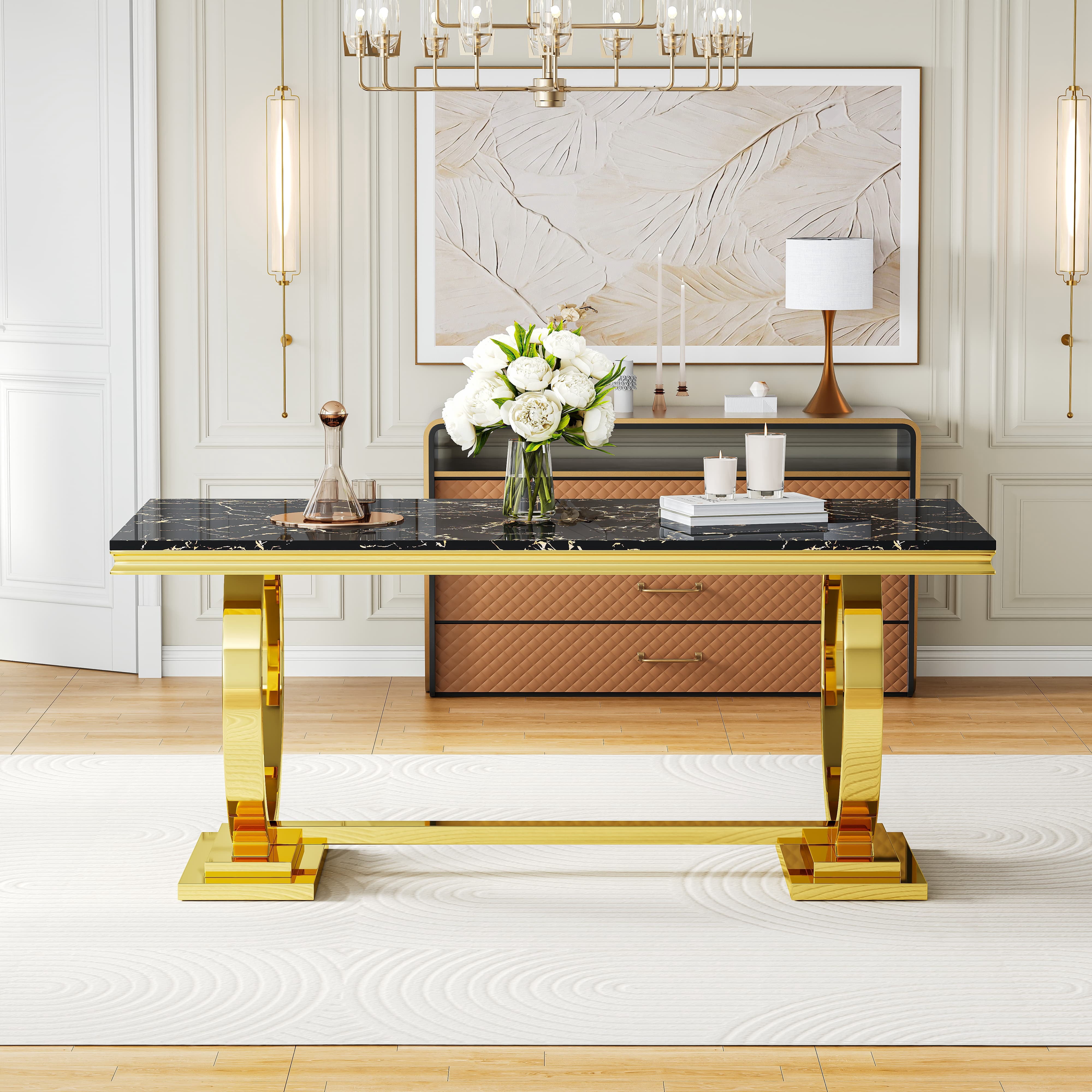 70" Rectangular Marble Dining Table, Polished Stainless Steel O-Shaped Base and Faux Marble Top for Dining Room or Kitchen