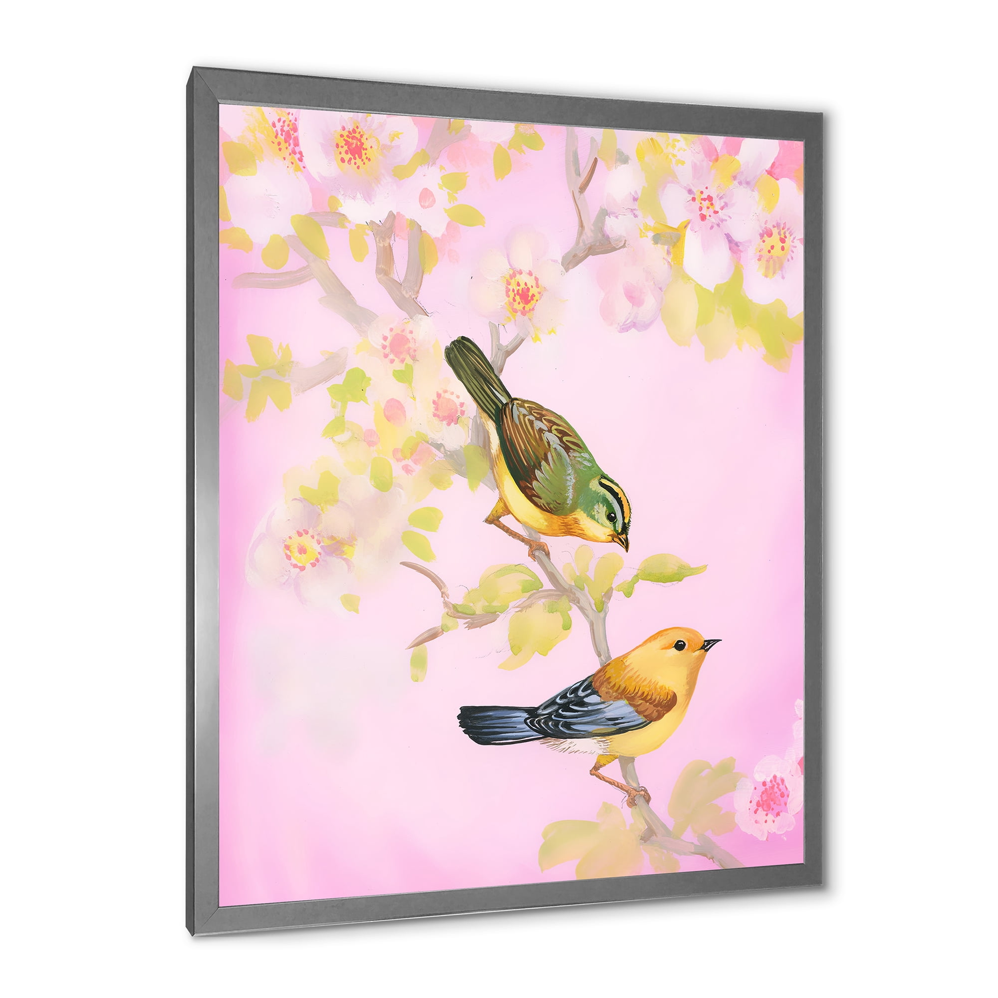 Designart 'Beautiful Bright Birds Sitting On Branch' Traditional Framed Art Print