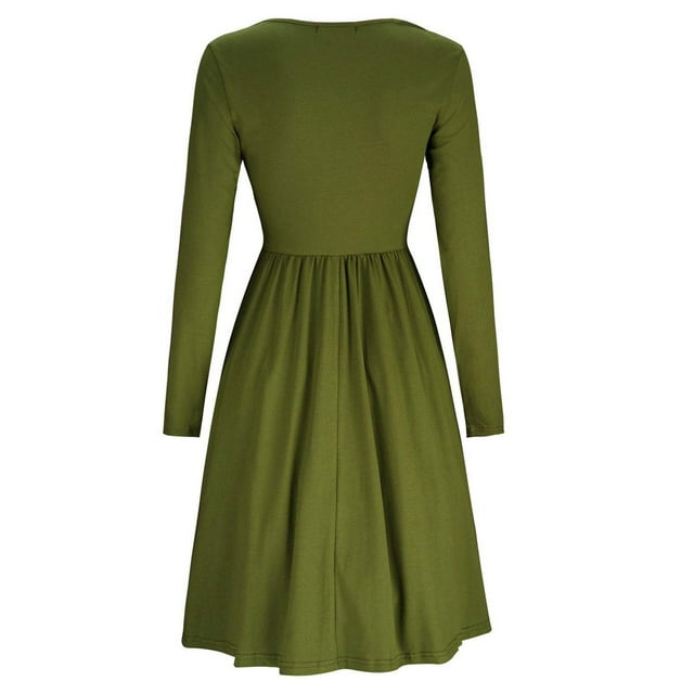 Vestido de cintura alta, vestido de manga larga redondo para mujer, vestido de manga larga de color puro, elegante y estético