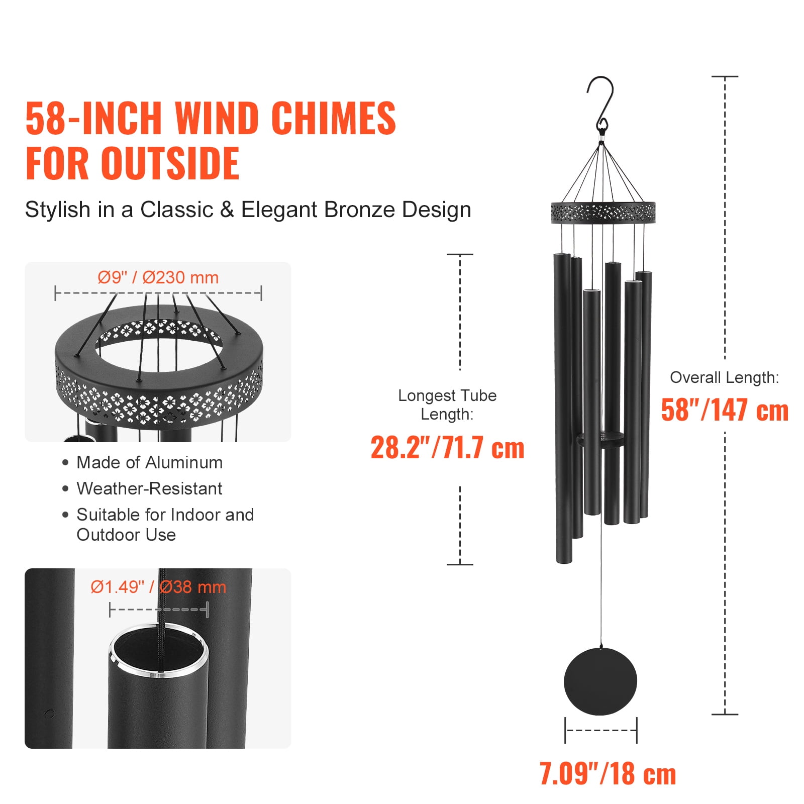KFFKFF 58-inch Outdoor Wind Chimes with 6 Tubes, Resonant Deep Tone Memorial Chimes for Special Occasions, Elegant Decoration for Patio, Porch, Garden, and Backyard, Black
