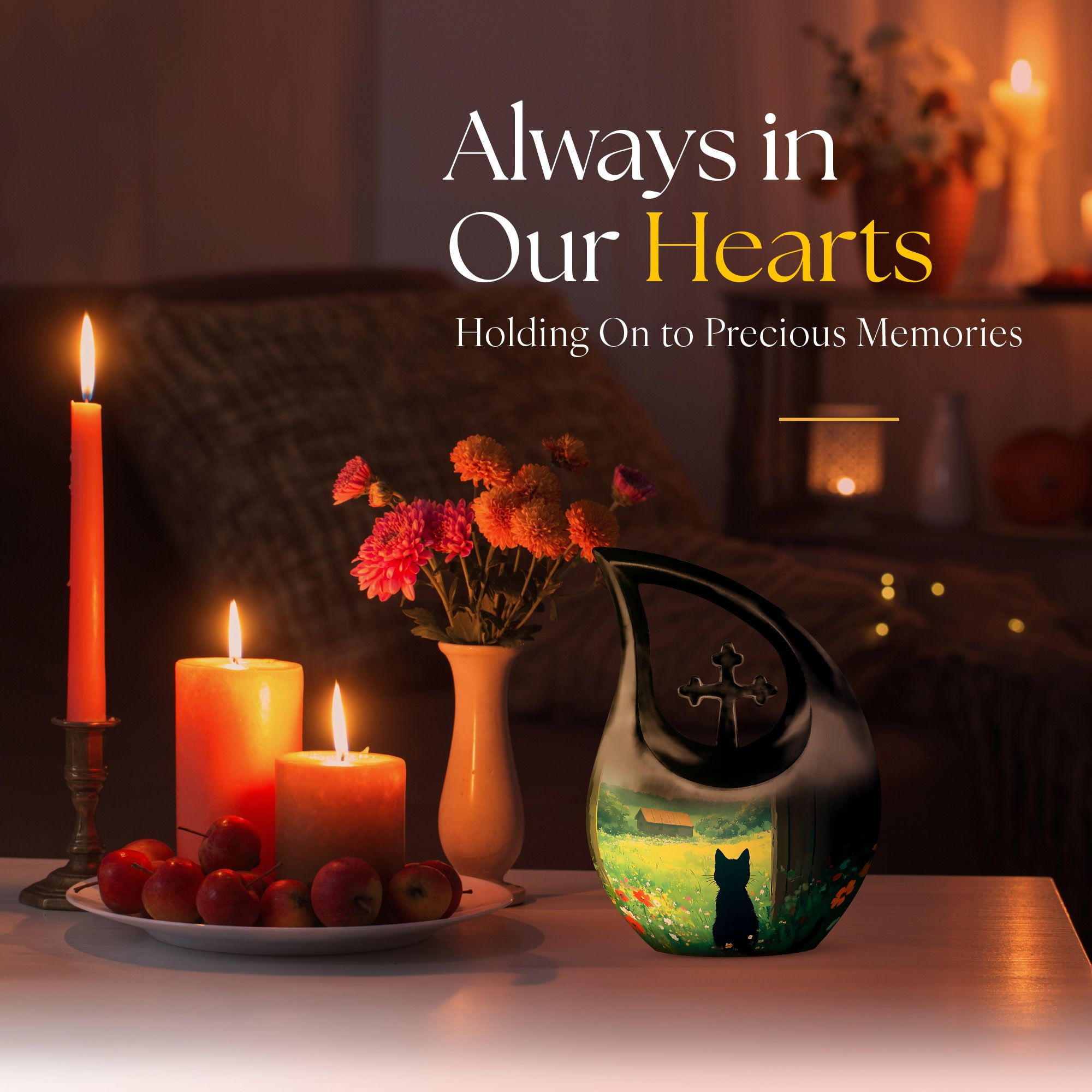MUKTIVE Black Cat Large Urns for Human Ashes Remains - Flowers Memorial Cross Drop Adult Urns for Human Ashes Men and Women with Velvet Bag - Memorial Gifts for Loss of Mom, 10 Inch
