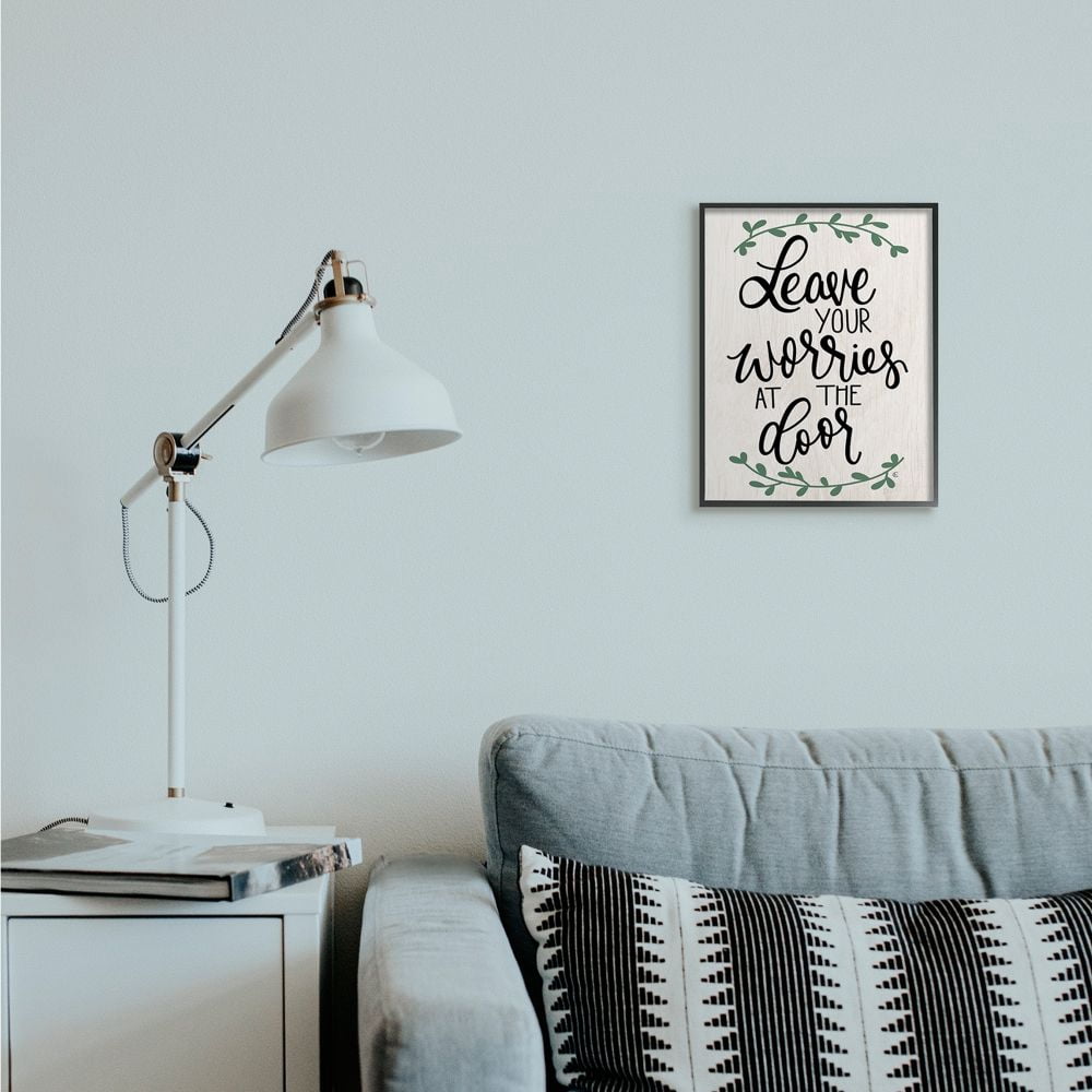 Stupell Industries Leave Your Worries at the Door Quote Family Greeting Framed Wall Art Design by Fearfully Made Creations, 11" x 14", Black Framed