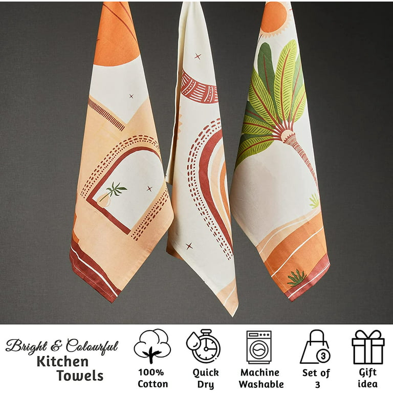 Folkulture Kitchen Towels with Hanging Loop, Set of 3, 100% Cotton
